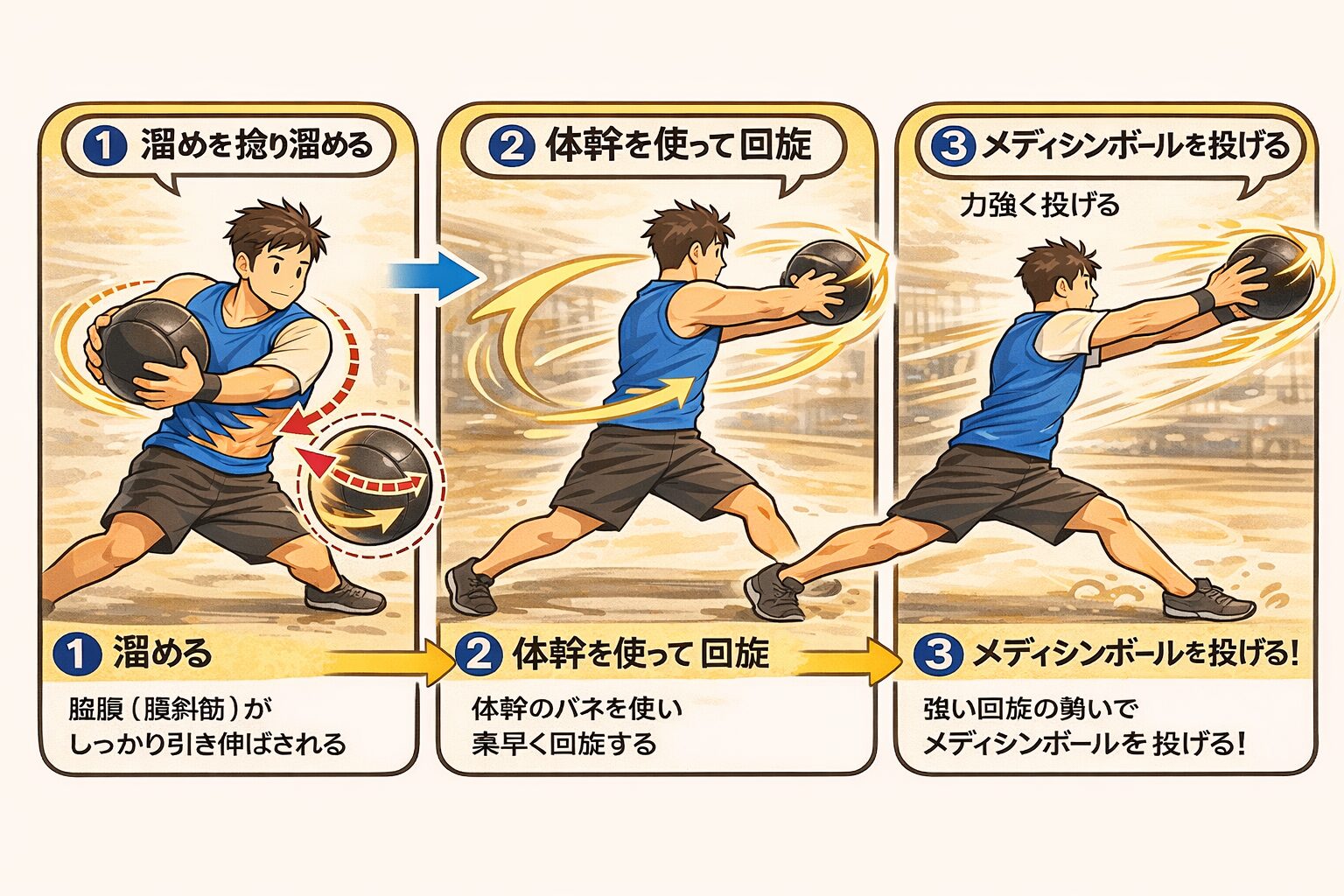 体幹のバネを鍛える、メディシンボールの回旋ドリル